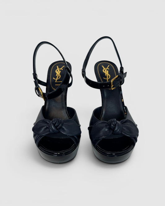 COMES WITH BOX - Saint Laurent Navy Patent Leather Peep Toe Pumps w/ Leather Bow