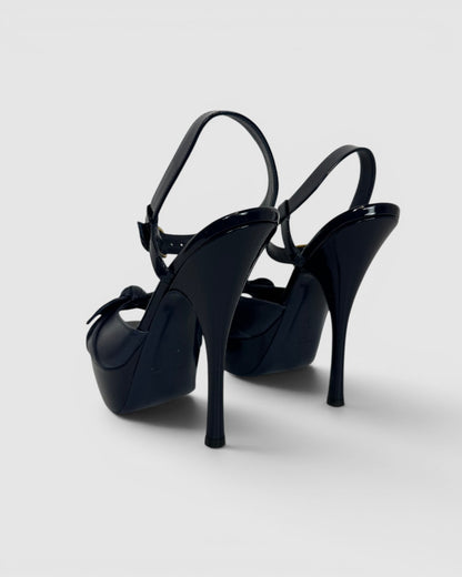 COMES WITH BOX - Saint Laurent Navy Patent Leather Peep Toe Pumps w/ Leather Bow