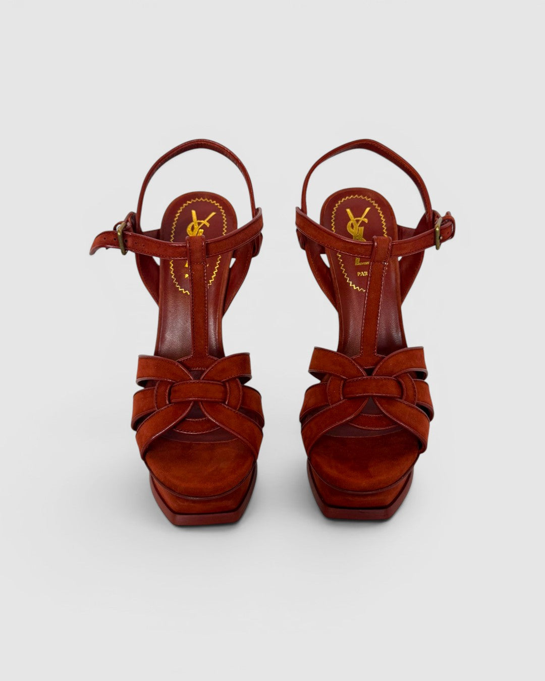 COMES WITH BOX - Saint Laurent Rust Suede Tribute 105 Platform Heeled Sandal