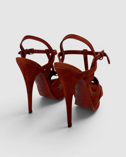 COMES WITH BOX - Saint Laurent Rust Suede Tribute 105 Platform Heeled Sandal