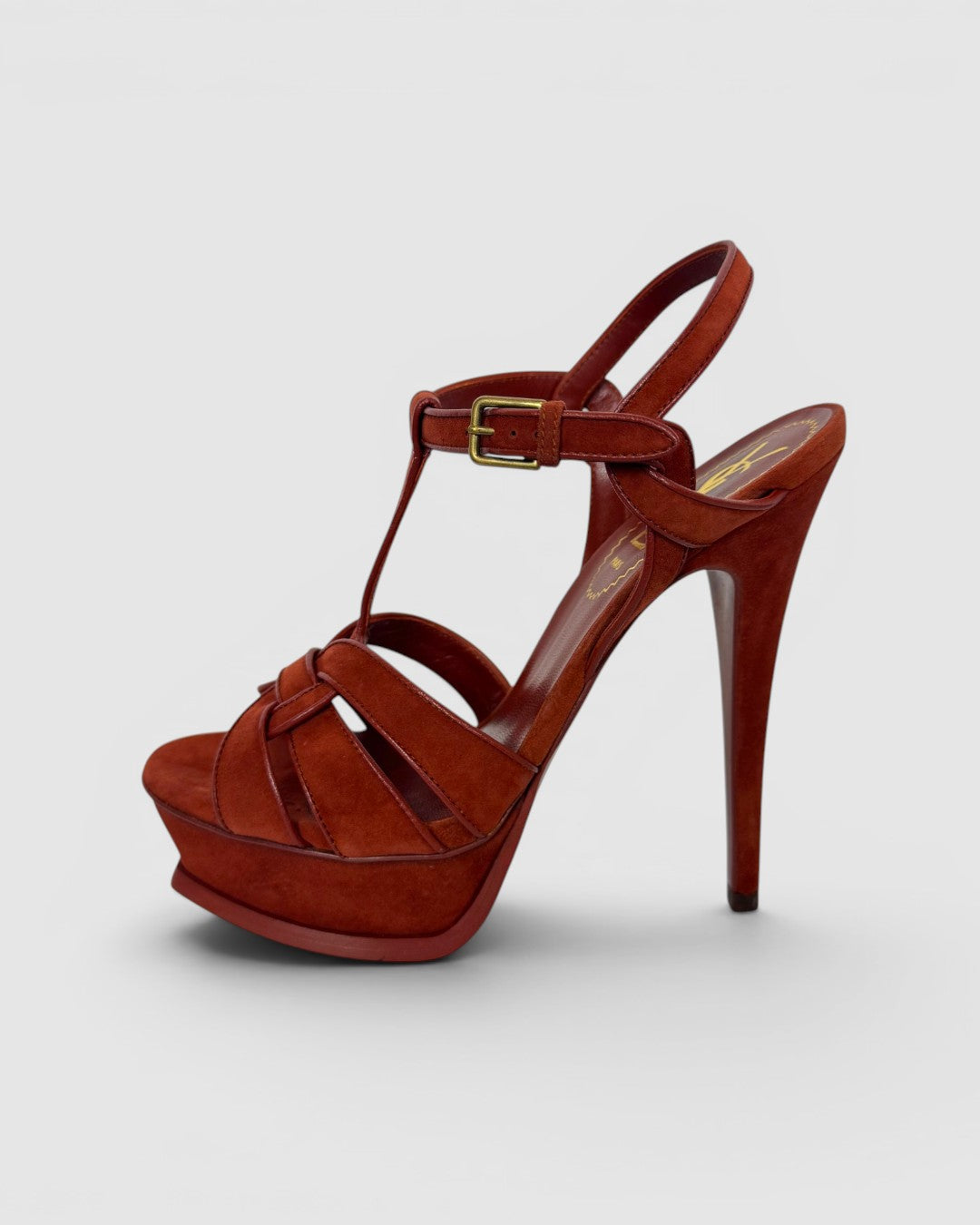 COMES WITH BOX - Saint Laurent Rust Suede Tribute 105 Platform Heeled Sandal