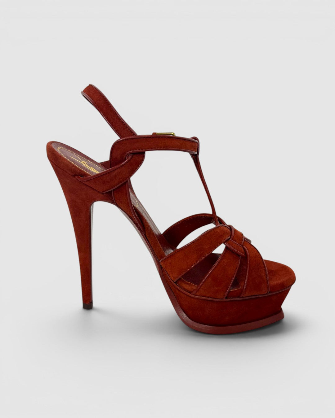 COMES WITH BOX - Saint Laurent Rust Suede Tribute 105 Platform Heeled Sandal