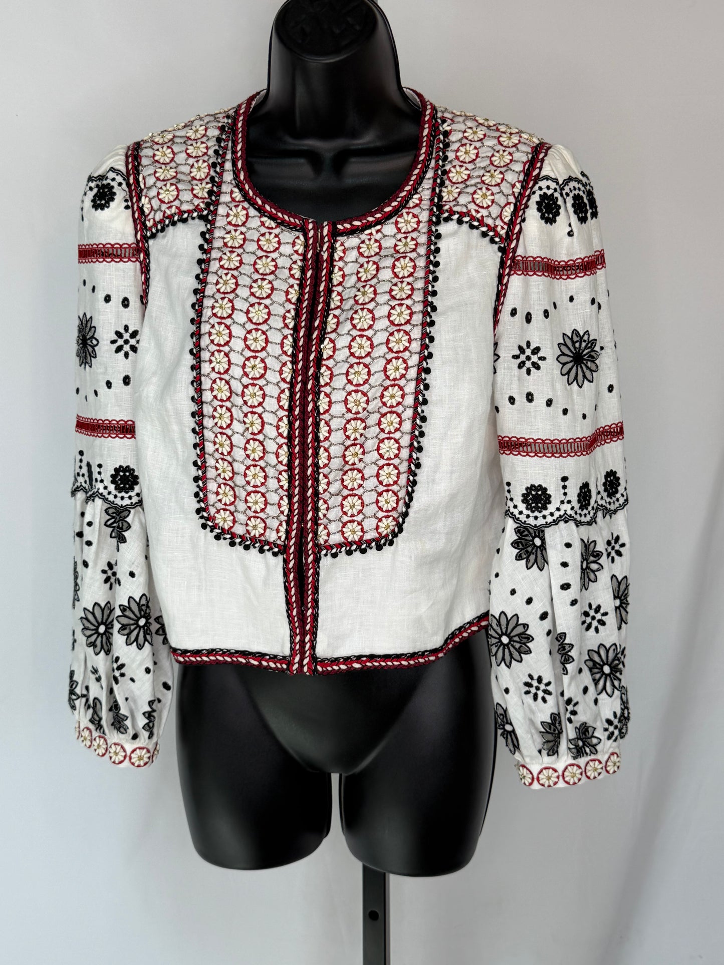 Veronica Beard White Linen Jacket w/ Red & Black Eyelet Details & Beading