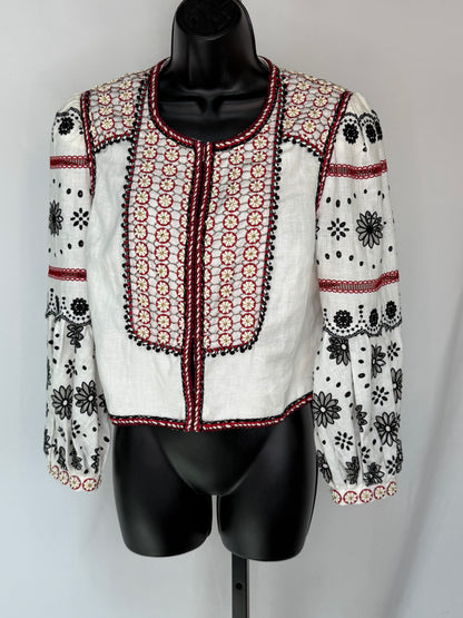 Veronica Beard White Linen Jacket w/ Red & Black Eyelet Details & Beading