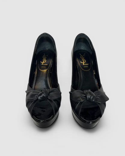 COMES WITH BOX - Saint Laurent Black Patent Leather Peep Toe Pumps w/ Leather Bow