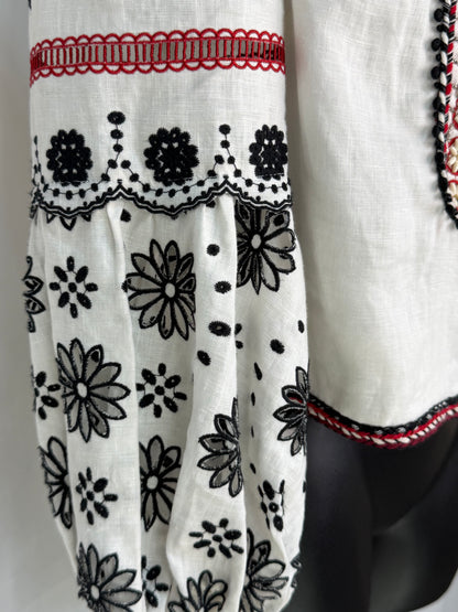 Veronica Beard White Linen Jacket w/ Red & Black Eyelet Details & Beading