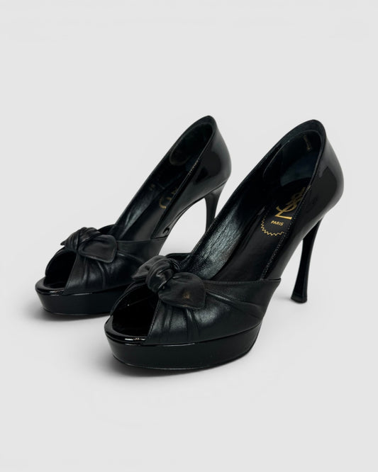 COMES WITH BOX - Saint Laurent Black Patent Leather Peep Toe Pumps w/ Leather Bow