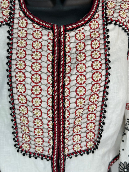 Veronica Beard White Linen Jacket w/ Red & Black Eyelet Details & Beading