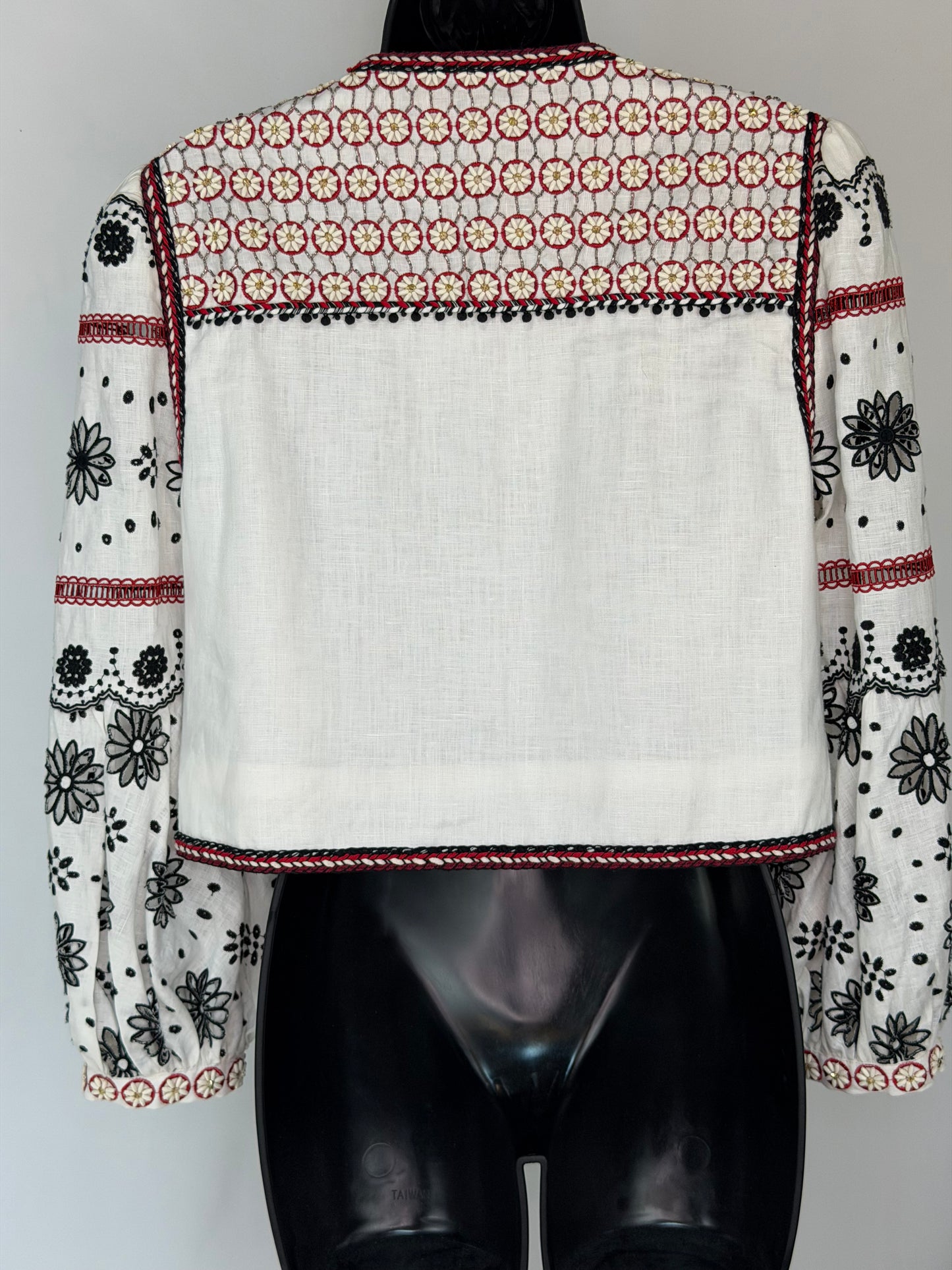 Veronica Beard White Linen Jacket w/ Red & Black Eyelet Details & Beading