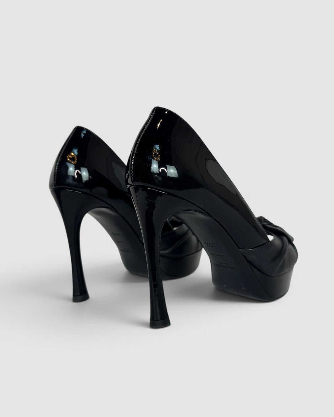 COMES WITH BOX - Saint Laurent Black Patent Leather Peep Toe Pumps w/ Leather Bow