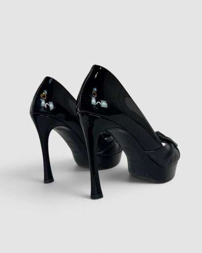 COMES WITH BOX - Saint Laurent Black Patent Leather Peep Toe Pumps w/ Leather Bow