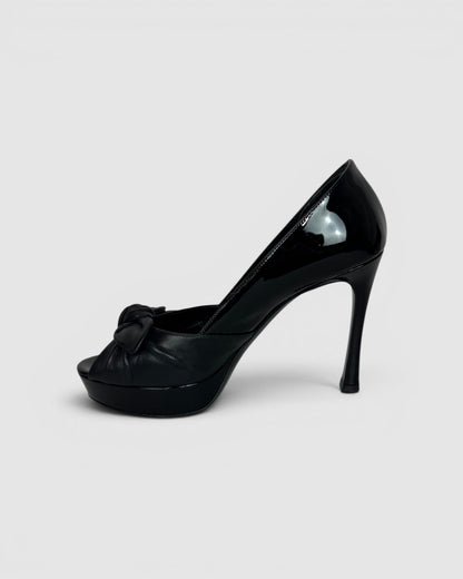 COMES WITH BOX - Saint Laurent Black Patent Leather Peep Toe Pumps w/ Leather Bow
