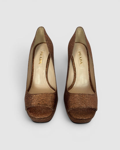 COMES WITH BOX - Prada Rust Open Toe Platform Pumps