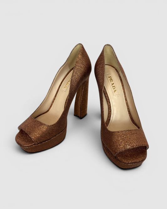 COMES WITH BOX - Prada Rust Open Toe Platform Pumps