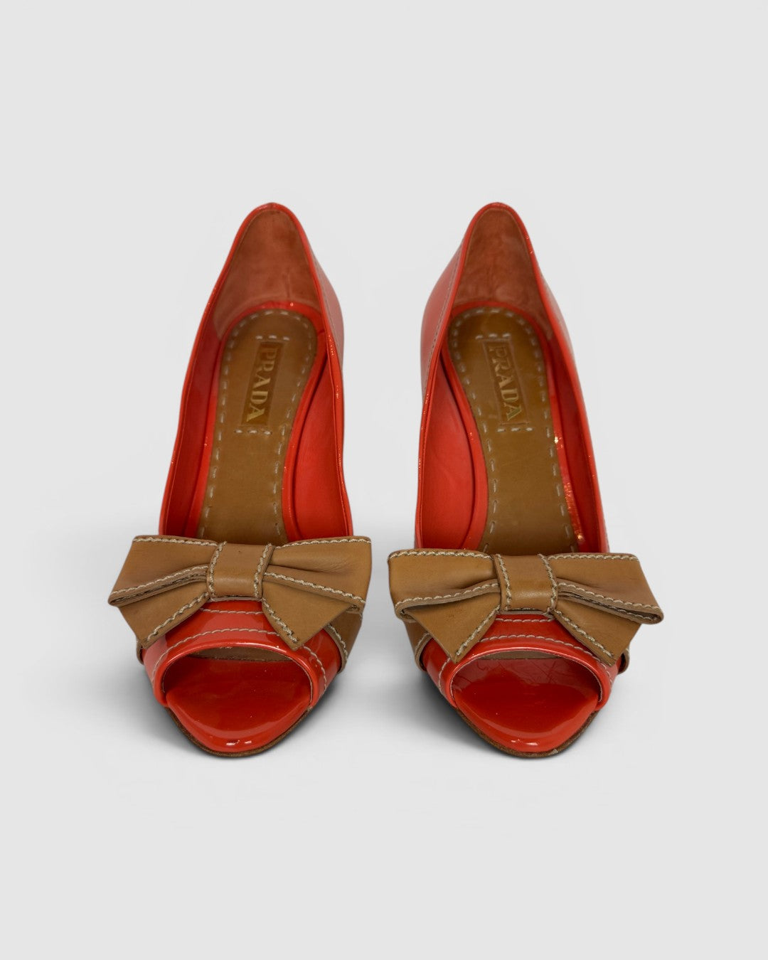 Prada Orange Patent Leather Peep Toe Heels w/ Nude Bow