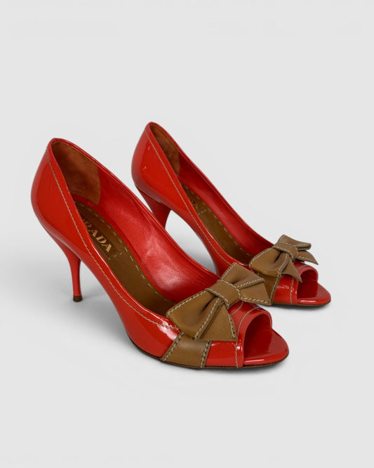 Prada Orange Patent Leather Peep Toe Heels w/ Nude Bow