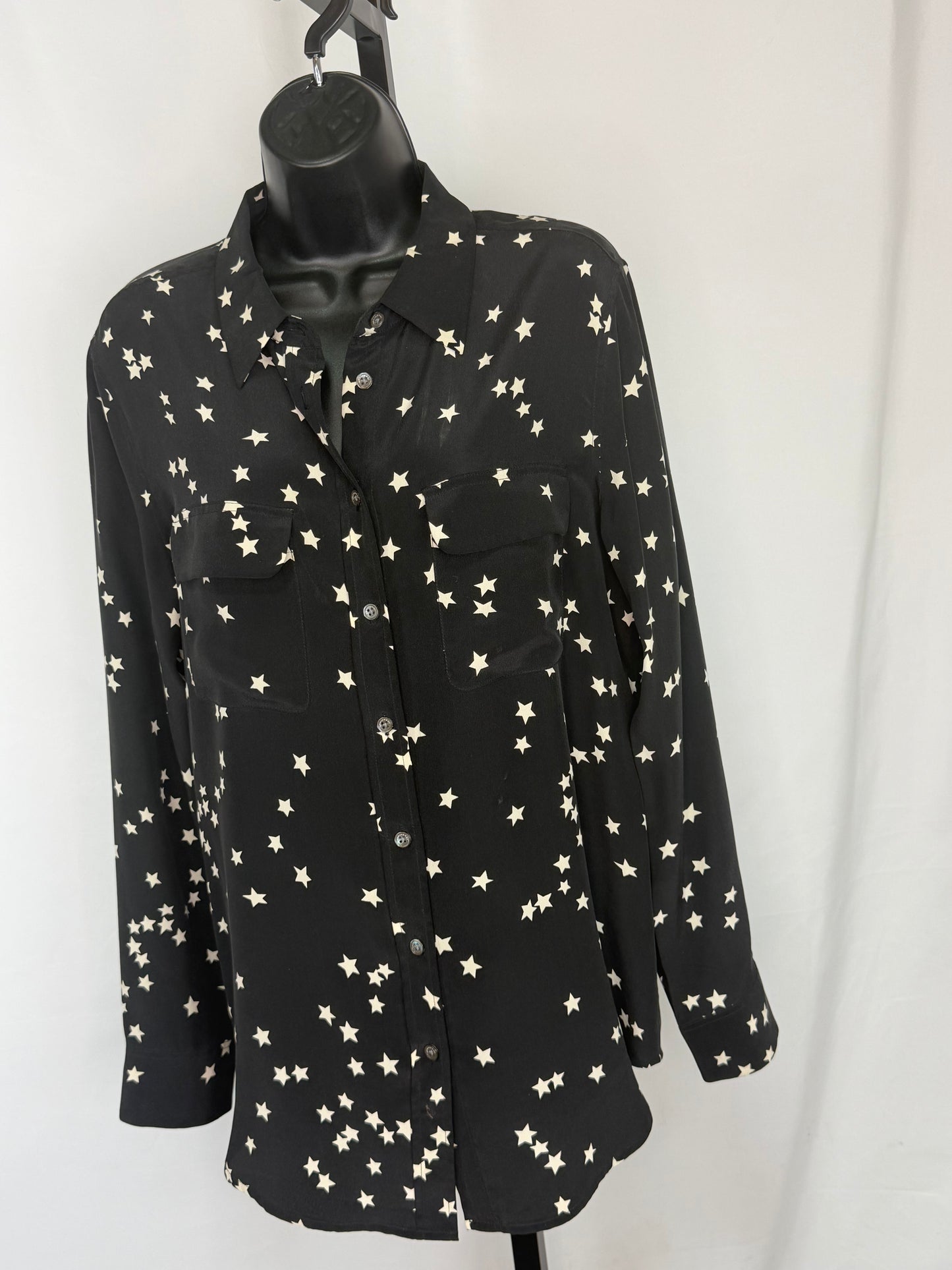 Equipment Silk Black w White Stars Double Breasted Long Sleeve Button Blouse