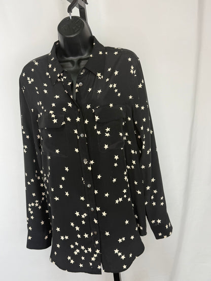 Equipment Silk Black w White Stars Double Breasted Long Sleeve Button Blouse