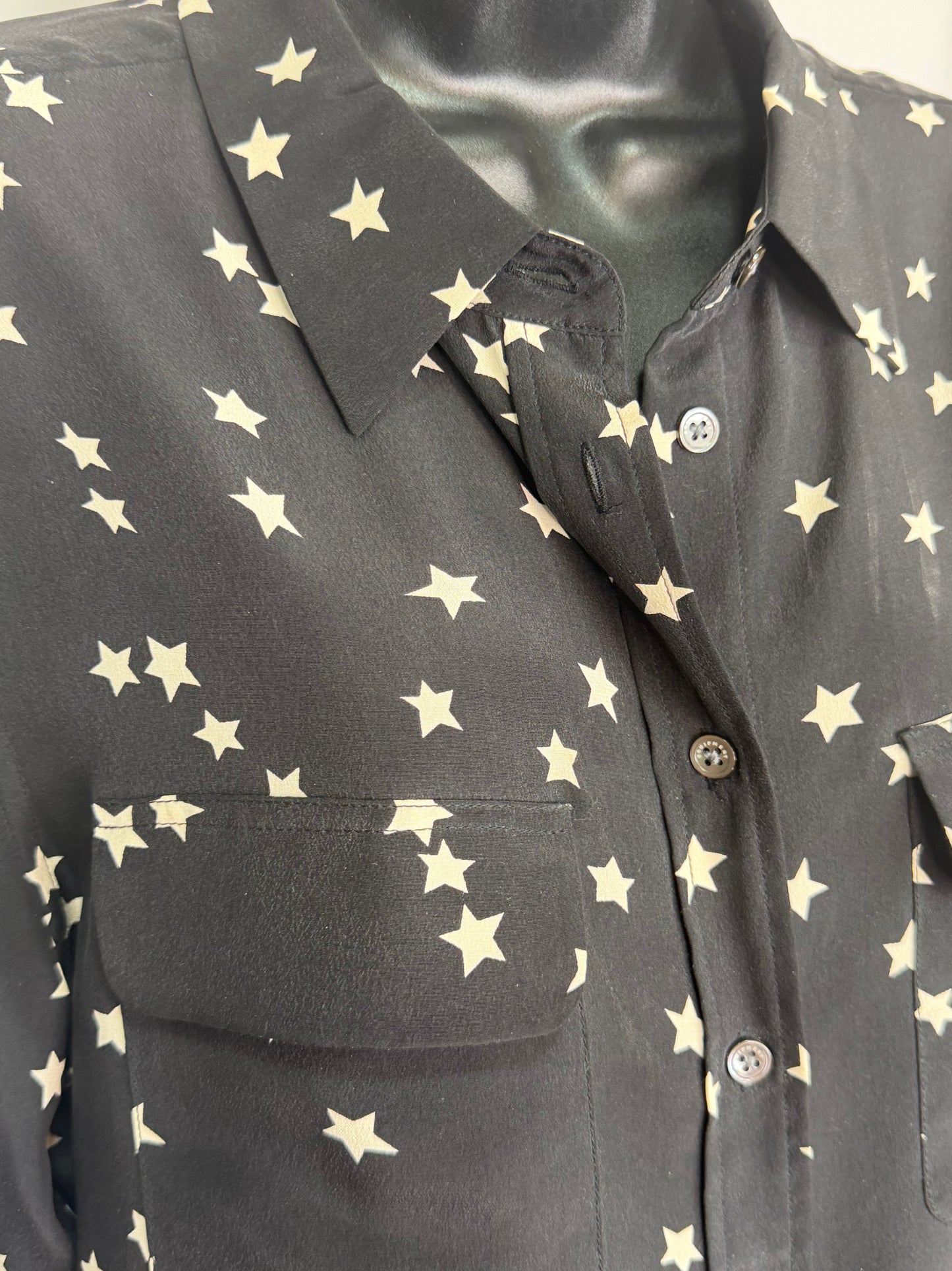Equipment Silk Black w White Stars Double Breasted Long Sleeve Button Blouse