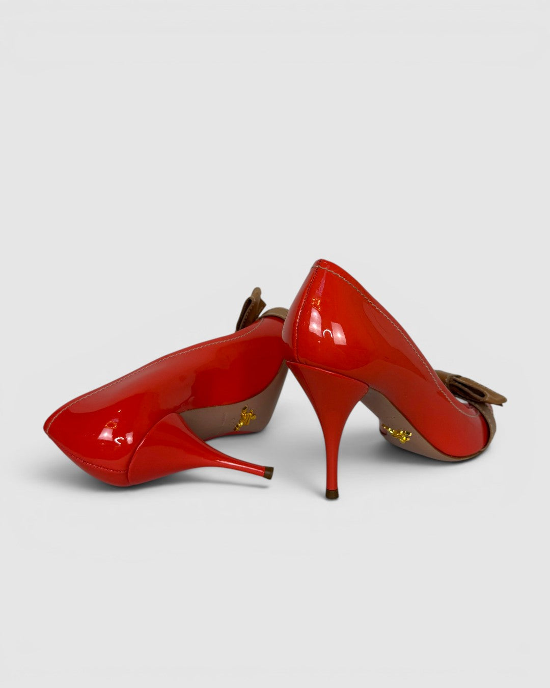 Prada Orange Patent Leather Peep Toe Heels w/ Nude Bow