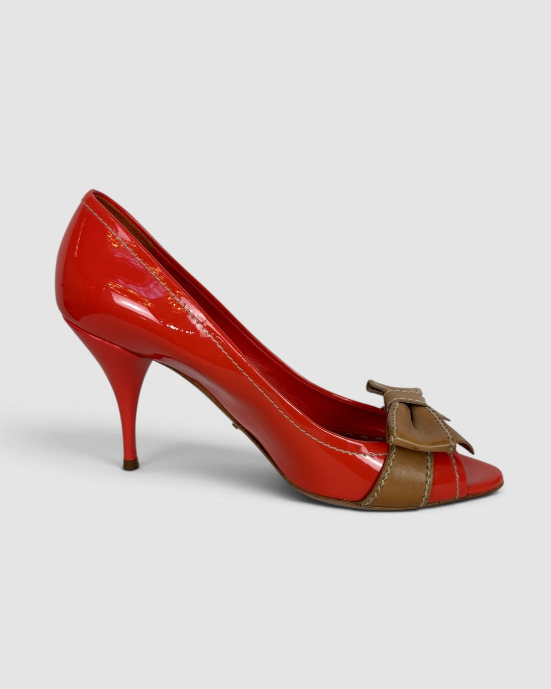 Prada Orange Patent Leather Peep Toe Heels w/ Nude Bow