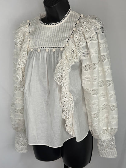 Ulla Johnson White Embroidered Lace Long Sleeve Ruffle Blouse