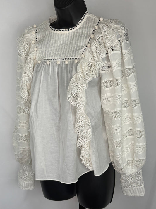 Ulla Johnson White Embroidered Lace Long Sleeve Ruffle Blouse
