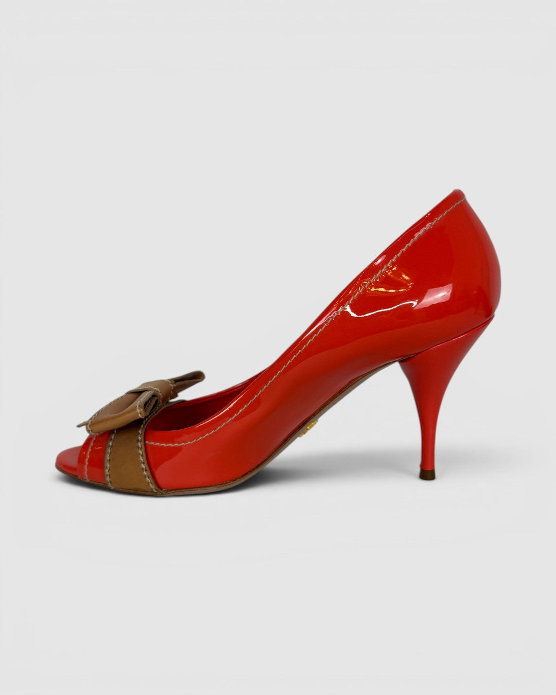 Prada Orange Patent Leather Peep Toe Heels w/ Nude Bow