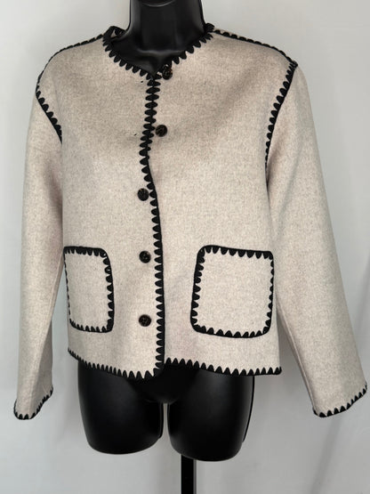 Rails Wool Grey w Black Scalloped Trim Button Up Jacket w Pockets
