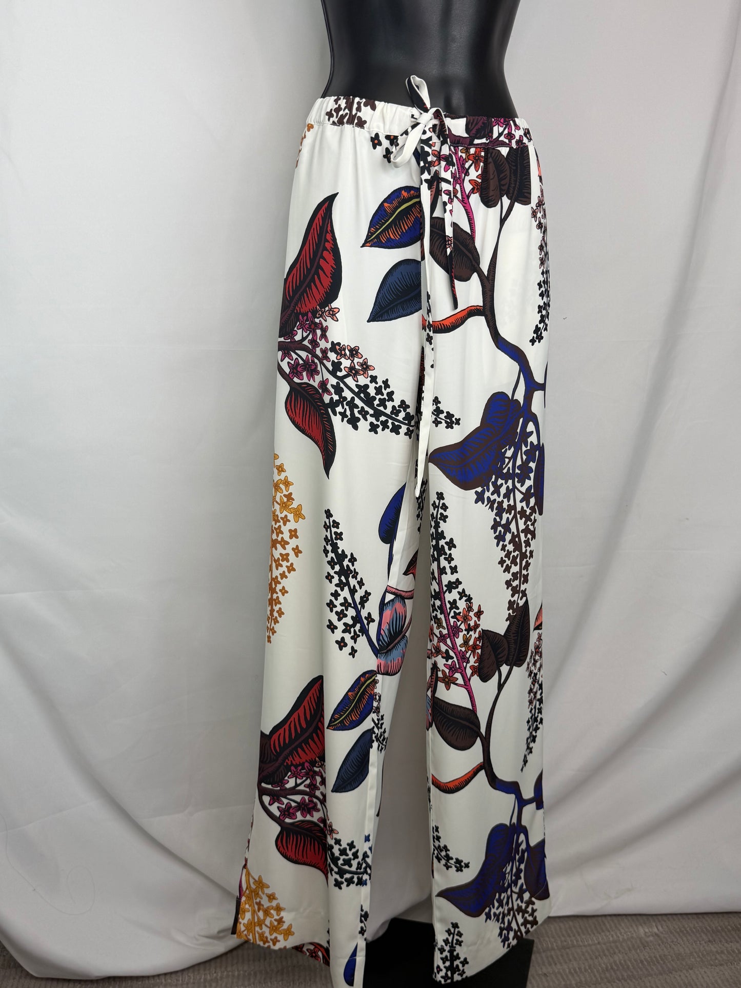 Stine Goya White w Multicolor Floral Drawstring Relaxed Fit Wide Leg Pants