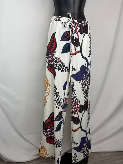 Stine Goya White w Multicolor Floral Drawstring Relaxed Fit Wide Leg Pants