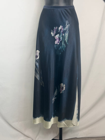 Go By Go Silk Navy Purple Floral Midi Skirt Cream Trim & Slits
