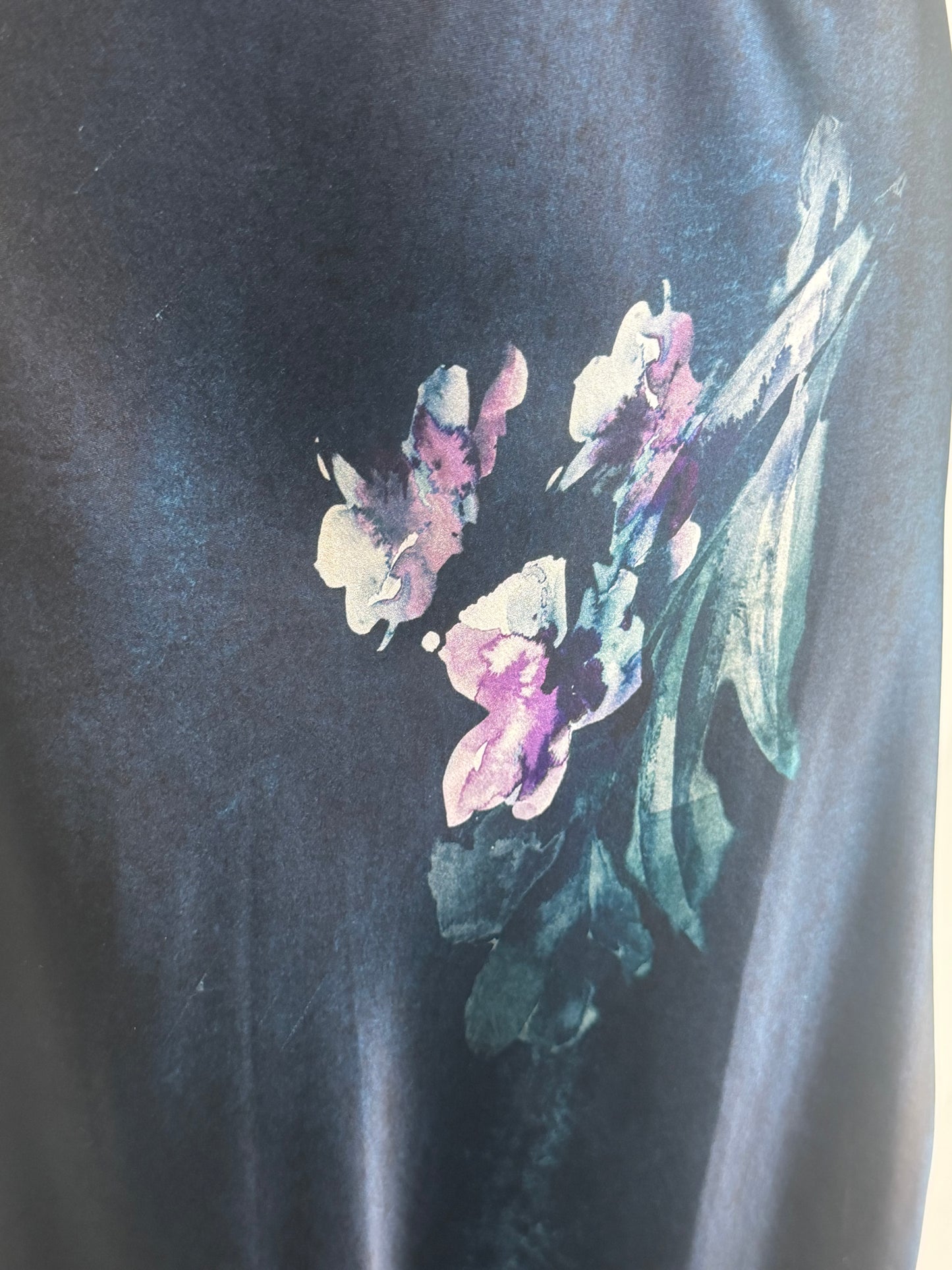 Go By Go Silk Navy Purple Floral Midi Skirt Cream Trim & Slits