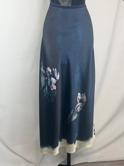 Go By Go Silk Navy Purple Floral Midi Skirt Cream Trim & Slits