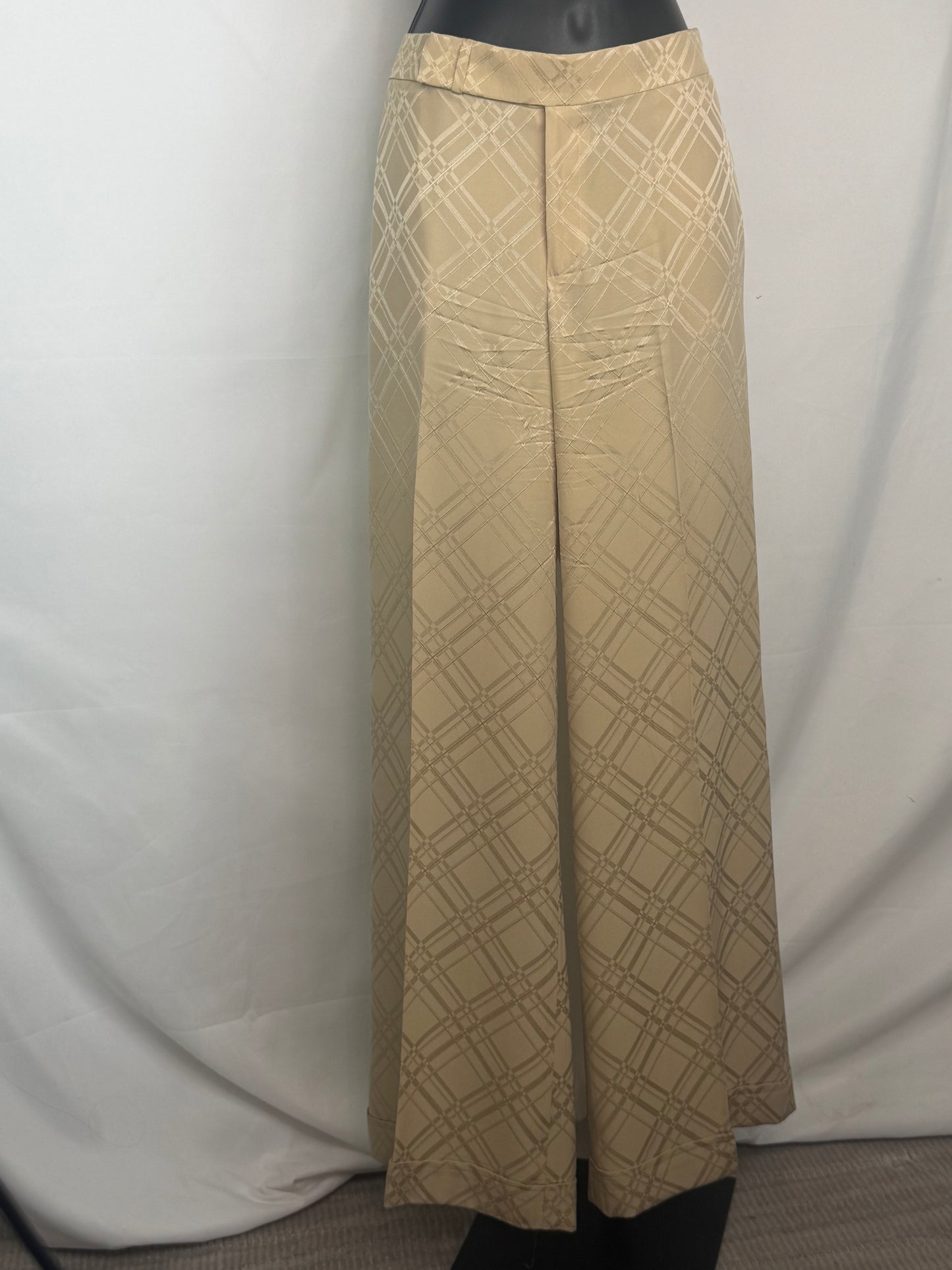 Ralph Lauren Silk Tan Gold Plaid High-Waist Wide Leg Trousers