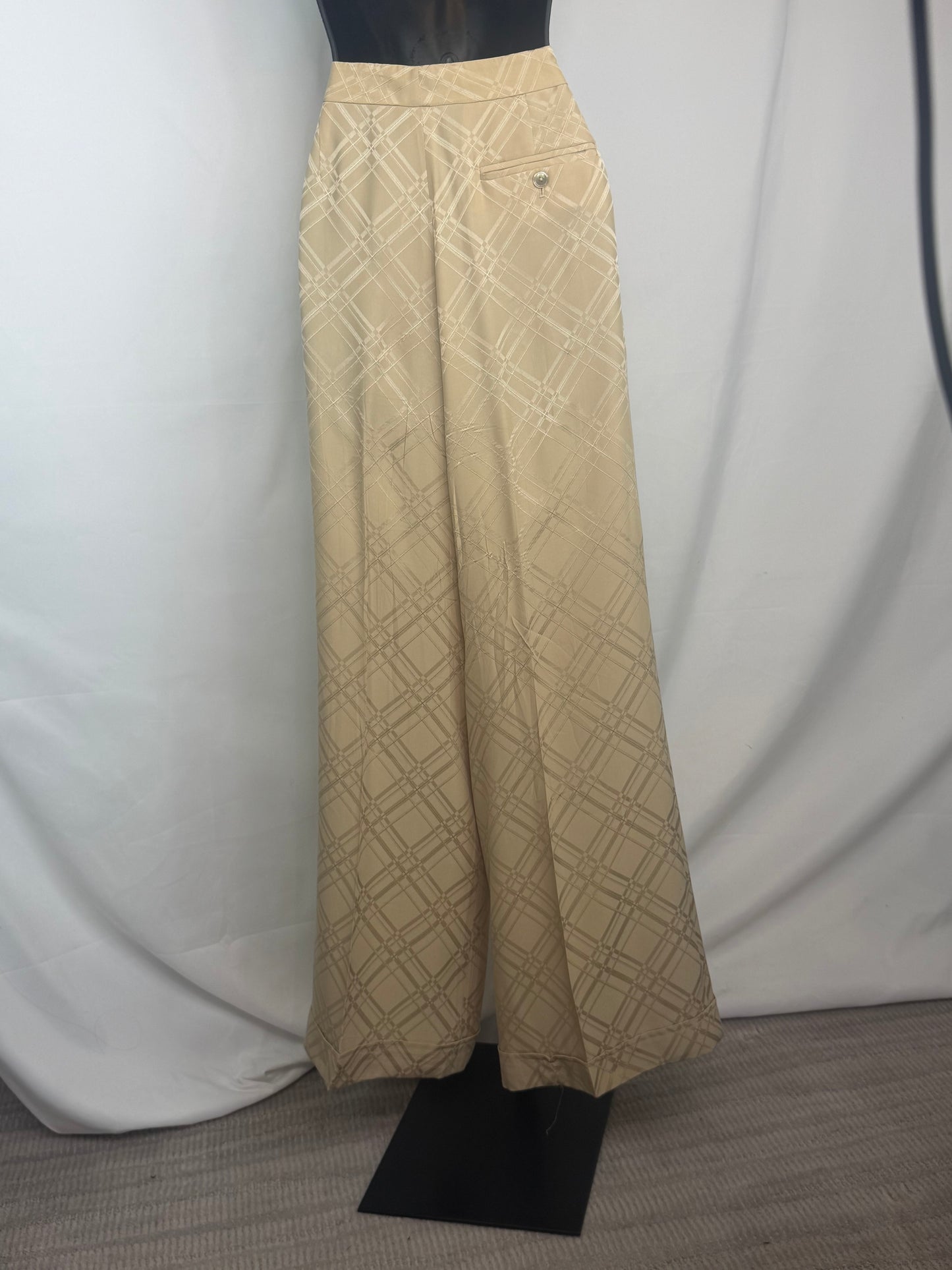 Ralph Lauren Silk Tan Gold Plaid High-Waist Wide Leg Trousers