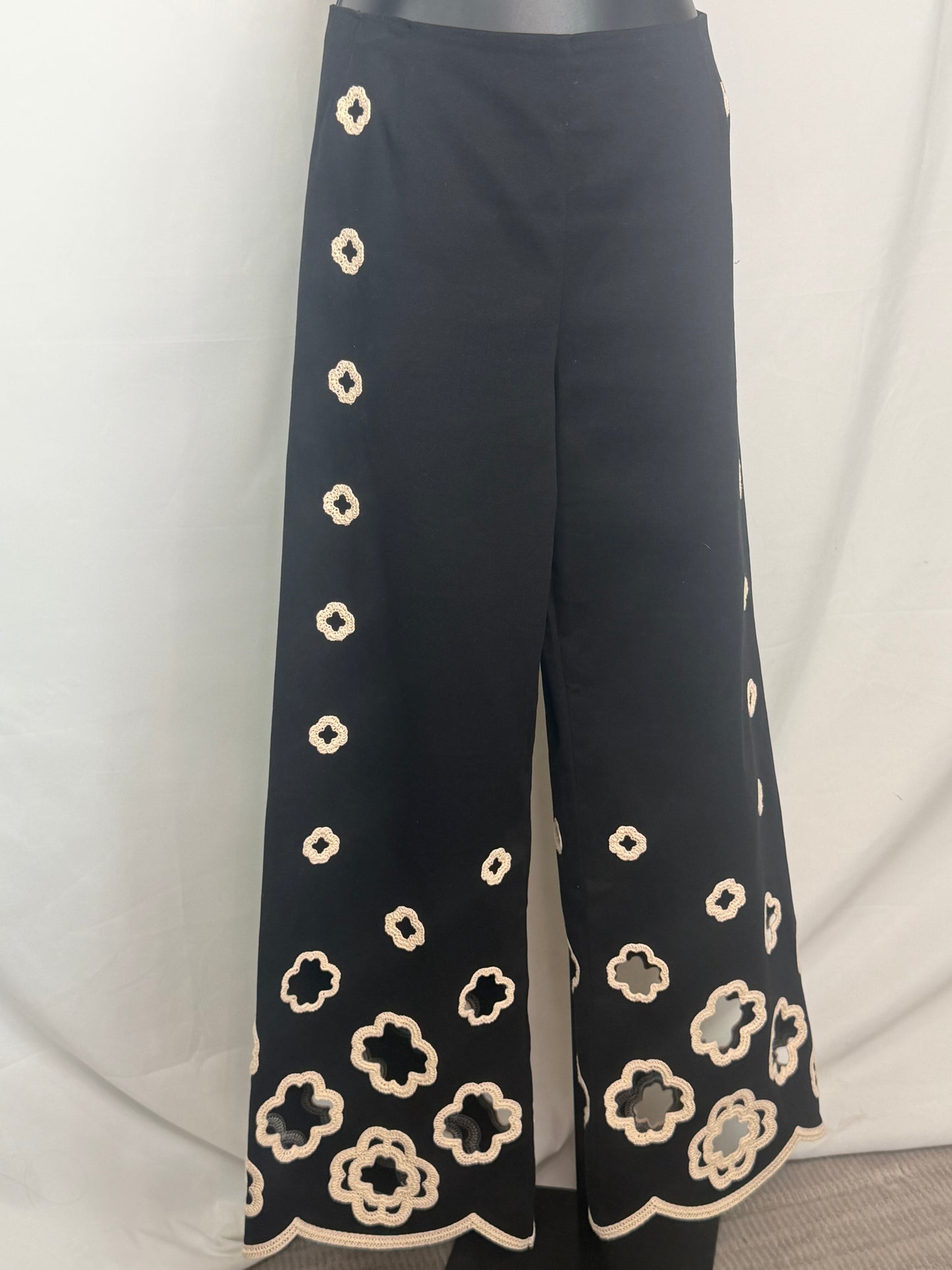 Maje Black Wide Leg Pants w/ Embroidered Cutouts