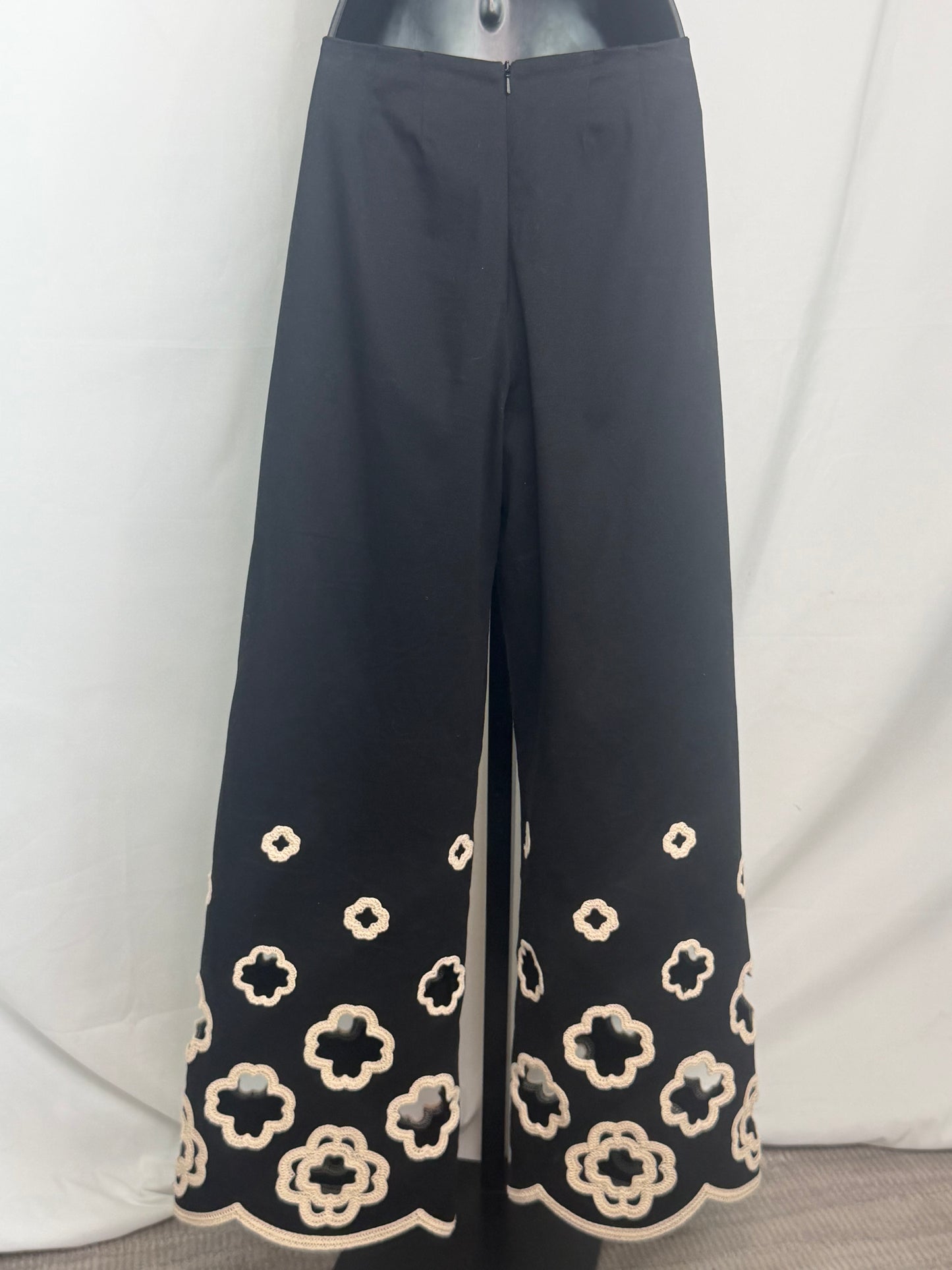 Maje Black Wide Leg Pants w/ Embroidered Cutouts