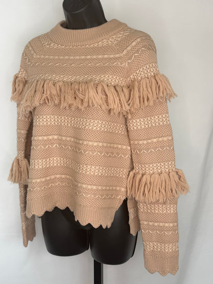 Jonathan Simkhai Wool Tan Embossed Stitching Fringe Detail Long Sleeve Sweater