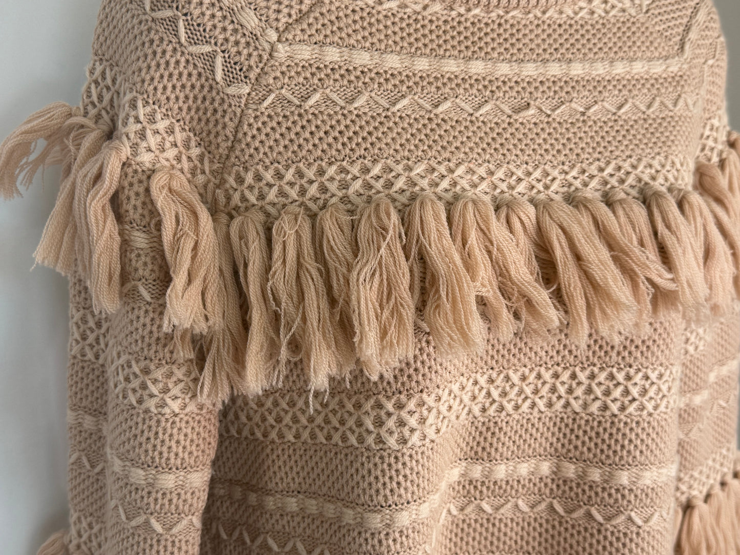 Jonathan Simkhai Wool Tan Embossed Stitching Fringe Detail Long Sleeve Sweater
