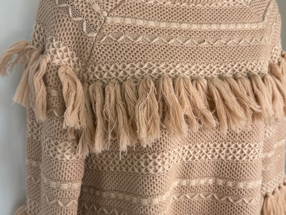 Jonathan Simkhai Wool Tan Embossed Stitching Fringe Detail Long Sleeve Sweater
