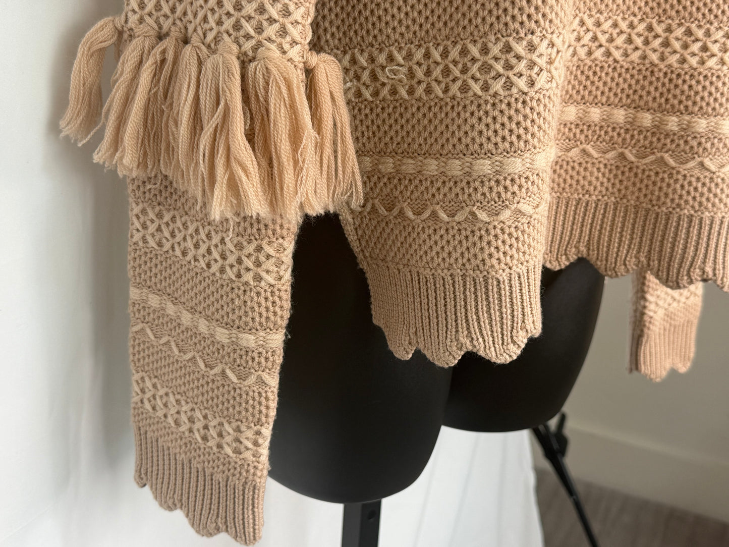 Jonathan Simkhai Wool Tan Embossed Stitching Fringe Detail Long Sleeve Sweater