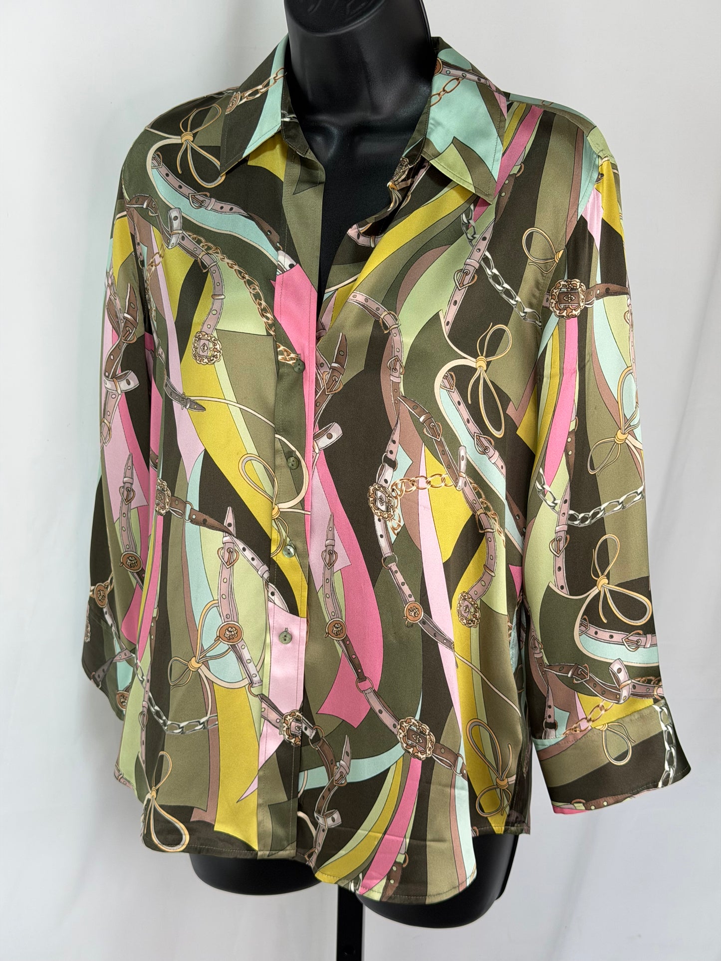 L'agence Silk Green Pink Chain Print Long Sleeve Blouse