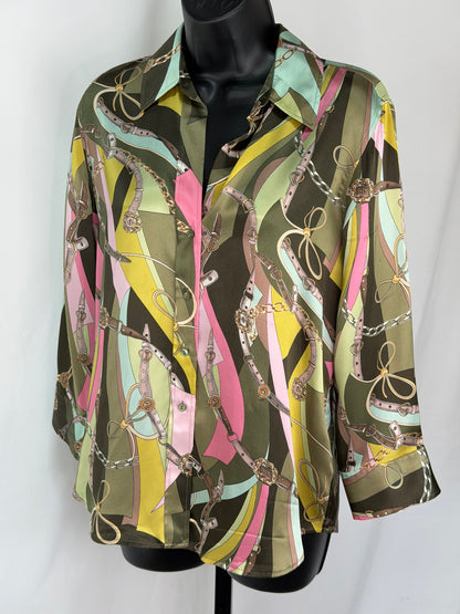 L'agence Silk Green Pink Chain Print Long Sleeve Blouse