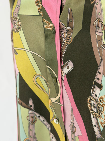 L'agence Silk Green Pink Chain Print Long Sleeve Blouse