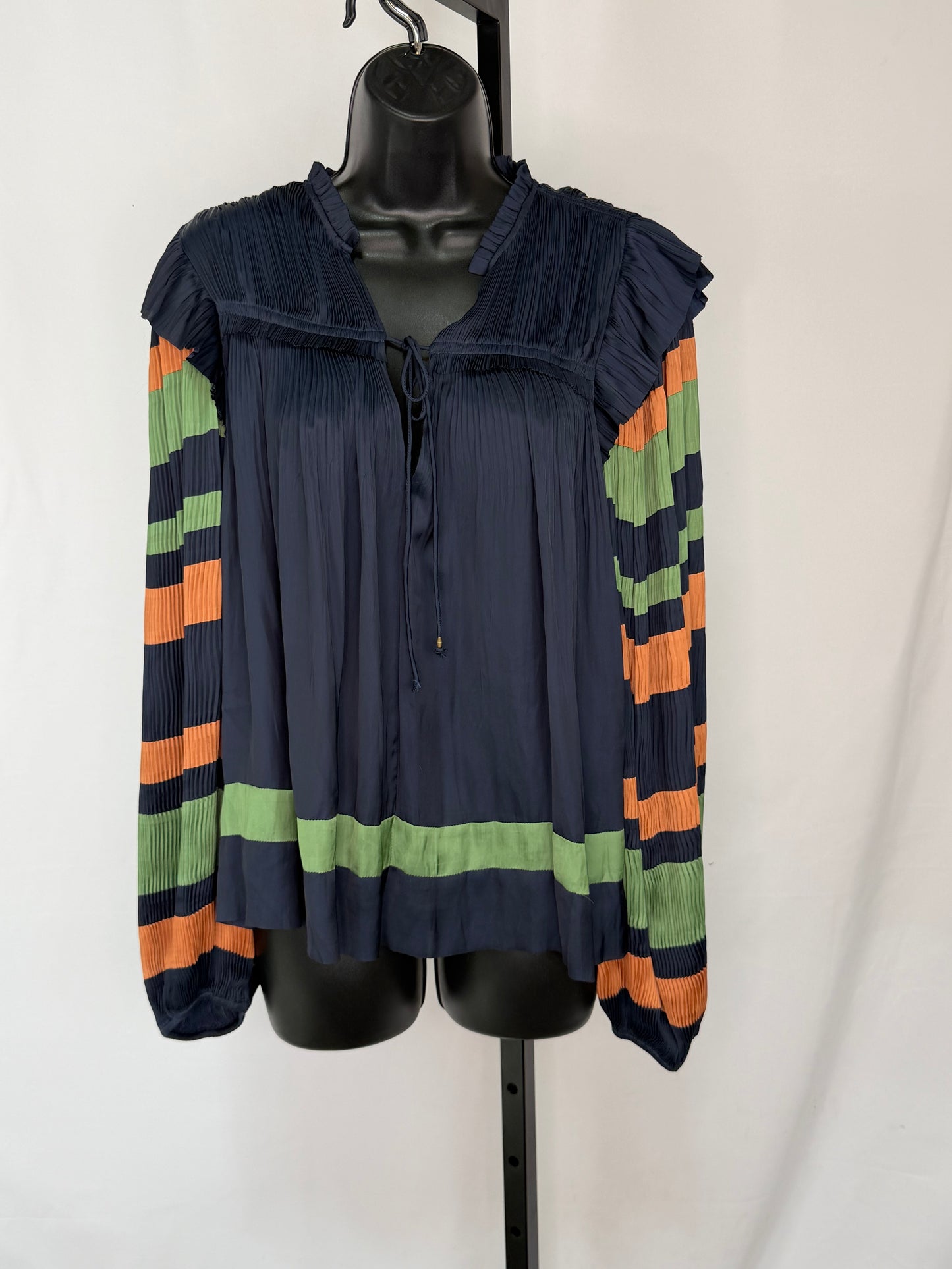 Ulla Johnson Silk Navy/Orange/Green Puff Long Sleeve Blouse