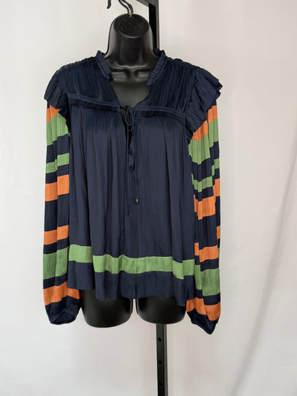Ulla Johnson Silk Navy/Orange/Green Puff Long Sleeve Blouse