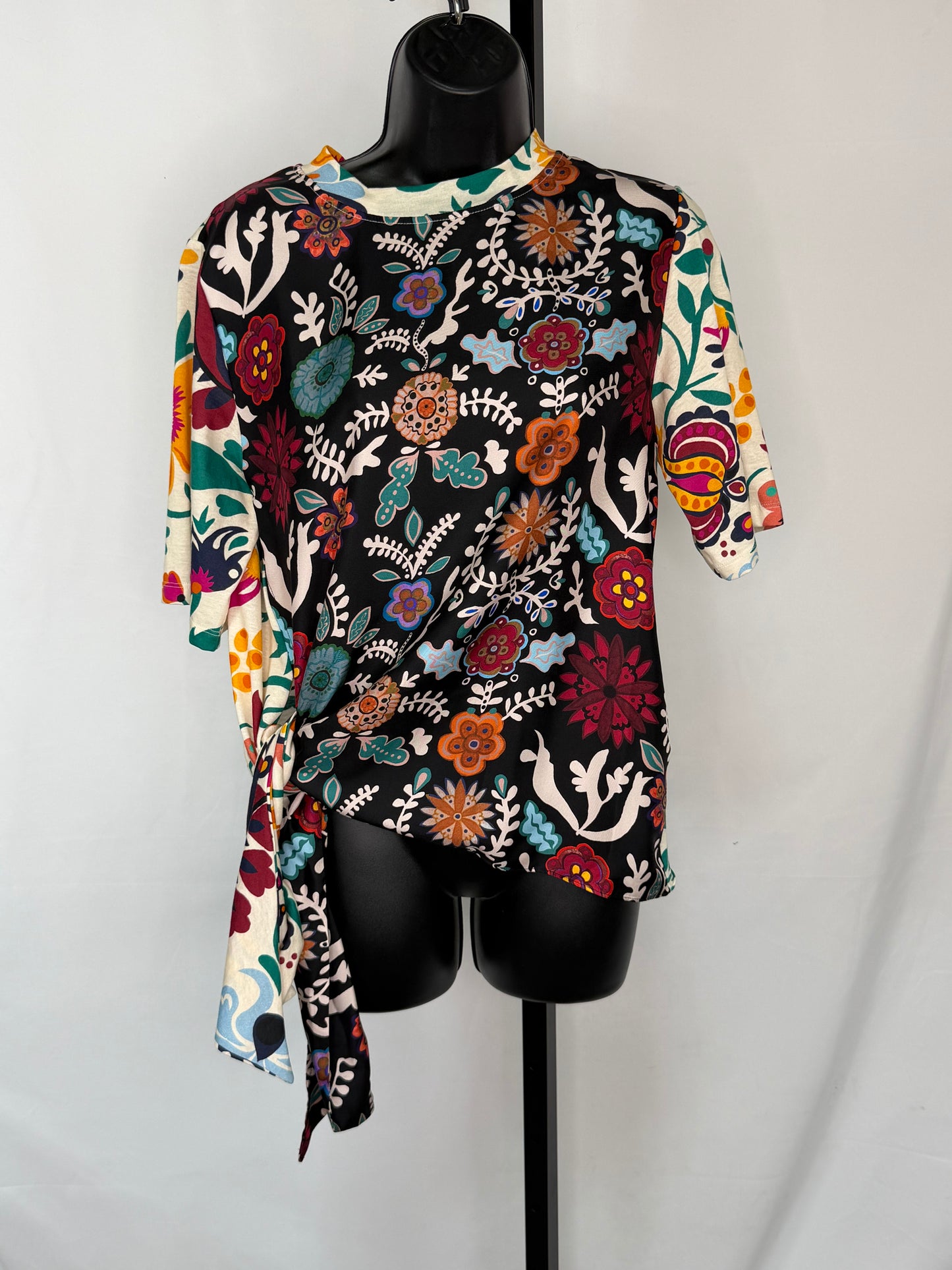 La Double J Color Block Multi Floral Side Tie Short Sleeve T-Shirt