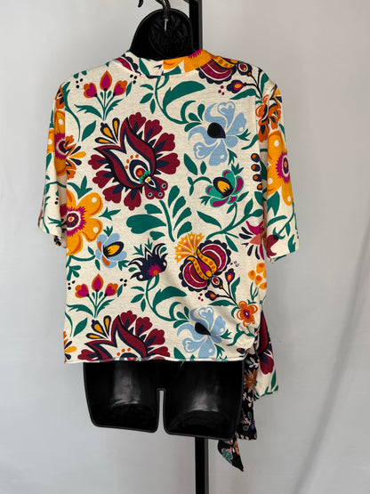 La Double J Color Block Multi Floral Side Tie Short Sleeve T-Shirt