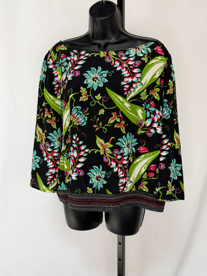 Prada 2010's Silk Black w Pink Blue Green Floral 3/4 Sleeve Blouse
